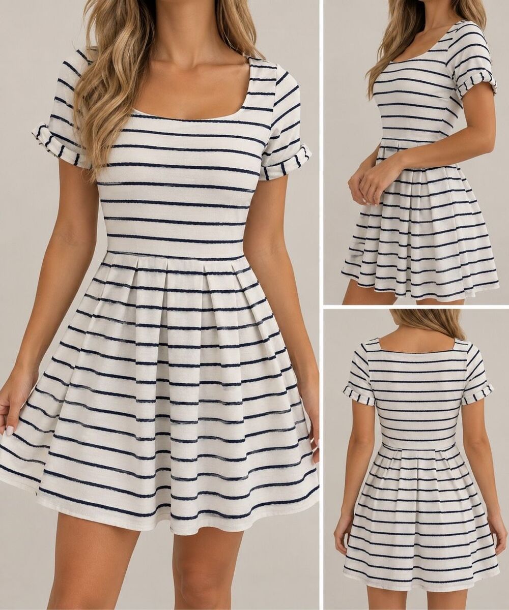 Bordeaux Striped Fit & Flare Dress Small Navy White Nautical Preppy